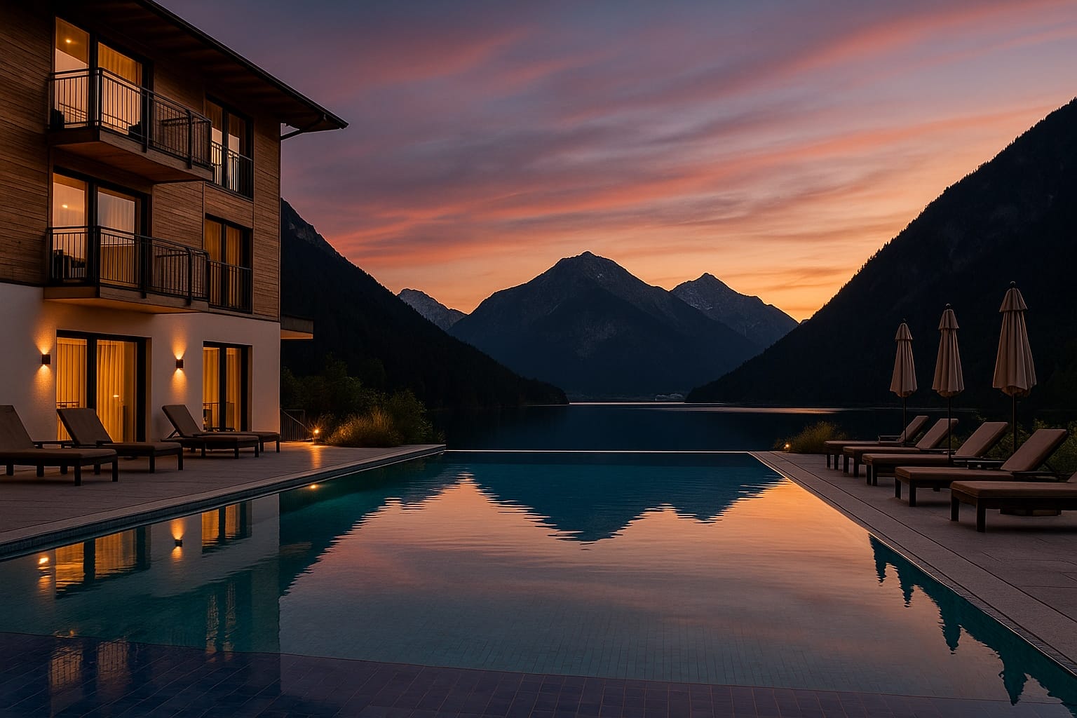 Infinity Pool mit Blick auf Bergsee und Alpen – Premium Wellnessurlaub -gute Hotels mit Pool.